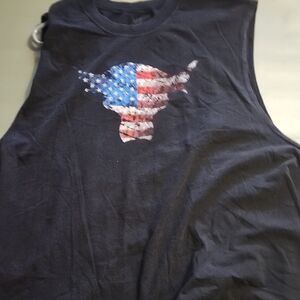 Navy Sleeveless Tee with American Flag Bull Graphic